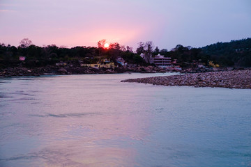 Sunset over the Ganges river from Laxman Jhula, Rishikesh.