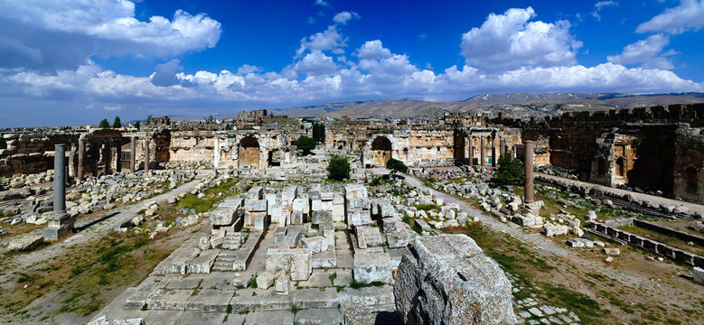 aerial panorama of Ruins of Jupiter temple and great court of Heliopolis at Baalbek, Bekaa valley Lebanon