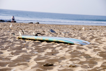 Surf board resting on the sand with sea in the distance