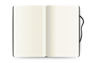 Realistic opened notebook with dot grid pages. Blank notepad mockup isolated on white background. Applicable for sketches and signs presentation. Vector eps 10.