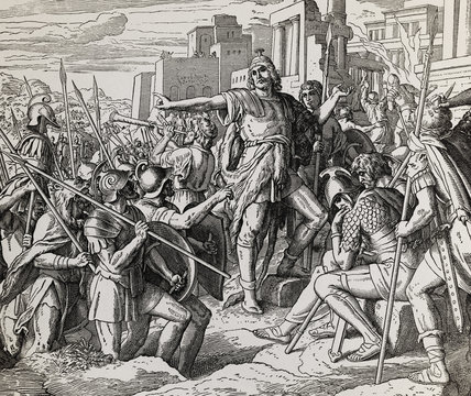 Judas Maccabeus, graphic collage from engraving of Nazareene School, published in The Holy Bible, St.Vojtech Publishing, Trnava, Slovakia, 1937.