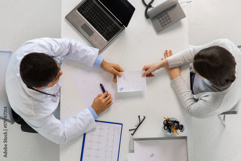 Sticker doctor giving prescription to patient at hospital