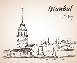 Istanbul Maiden's Tower and Bosphorus Bridge. Turkey. Sketch. I