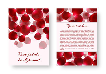Template of a holiday greeting card for love greetings with rose petals. Vector backdrop with floral elements.
