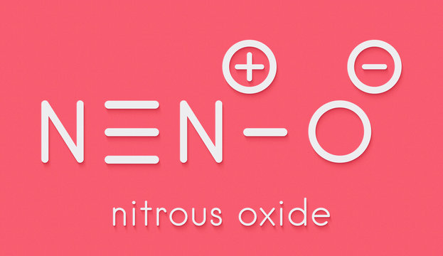 Nitrous oxide (NOS, laughing gas, N2O) molecule. Used in surgery as analgesic and anesthetic drug, and also as oxidizer in rocket motors and combustion engines. Skeletal formula.