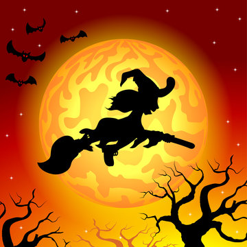 Hexe fliegt vor Vollmond in der Halloween Nacht 