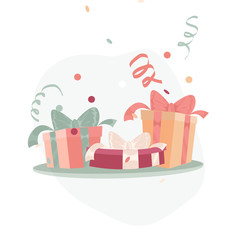 Big pile of colorful wrapped gift boxes. Lots of presents. Flat style vector illustration isolated on white background.