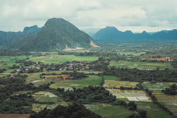 Evening on the point of view of the high peaks. Nomxay, Vang Vieng, Laos.