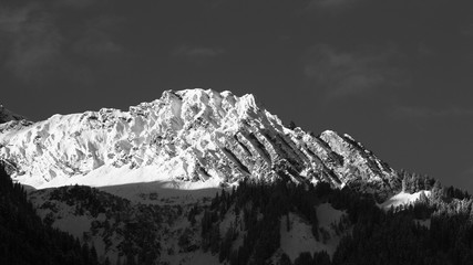 Unknown mountain peak in Austrian alps, black and white