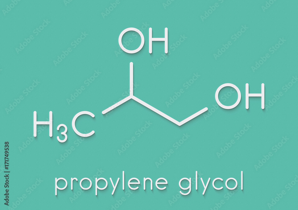 Sticker propylene glycol (1,2-propanediol) molecule. used as solvent in pharmaceutical drugs, as food additi