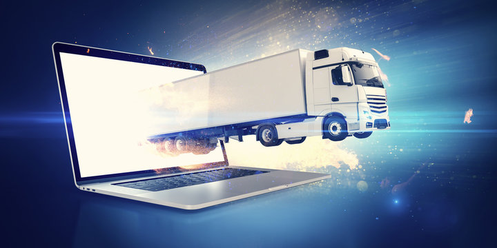 White truck jumping out of a notebook screen for express delivery after online shopping