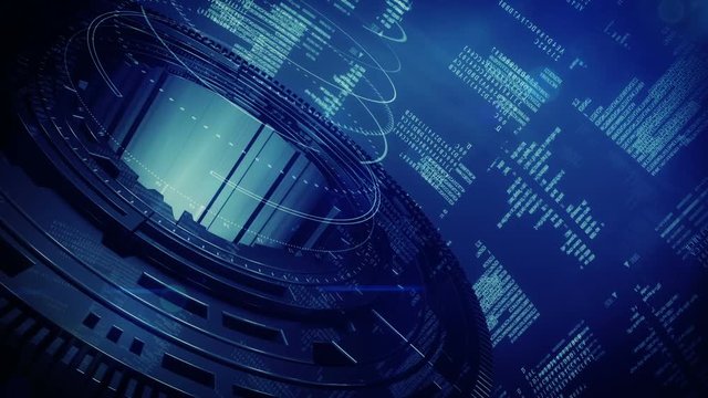 Technological Sci Fi intro.HUD with digital data code.Futuristic cosmic opener. Good for headline news, TV show and techno advertisement. Tech background.BLUE with optical flares.  