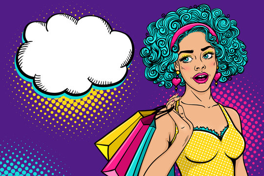 Wow female face. Sexy surprised young woman with open mouth and blue hair holding shopping bags and looking at speech bubble. Vector bright background in pop art retro comic style. Shopping poster.