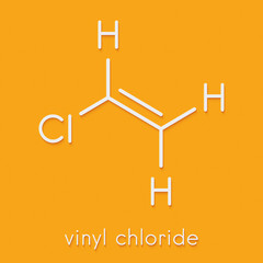 Vinyl chloride, polyvinyl chloride (PVC) plastic building block. Skeletal formula.