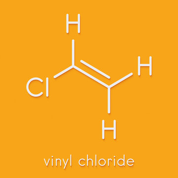 Vinyl chloride, polyvinyl chloride (PVC) plastic building block. Skeletal formula.