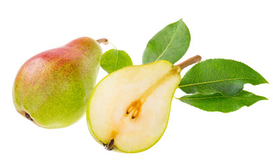 Sweet, ripe, green and red pear with leaves, and one cut into a half. Isolated on white