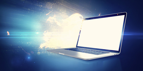 Data moving out of a modern laptop screen in a hot explosion