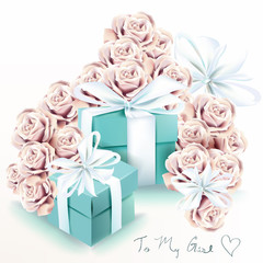 Cute fashion illustration with rose flowers and blue gift boxes. Valentine's day card