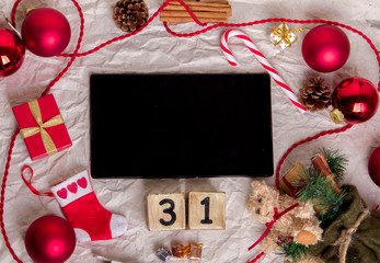 tablet with new year Decoration.