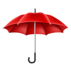 Red realistic umbrella, isolated on white. Vector illustration for autumn 