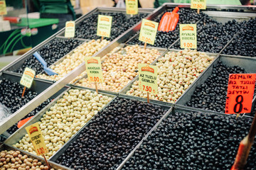 Market stall with organic olives in Grand Bazaar, Istanbul, Turkey.