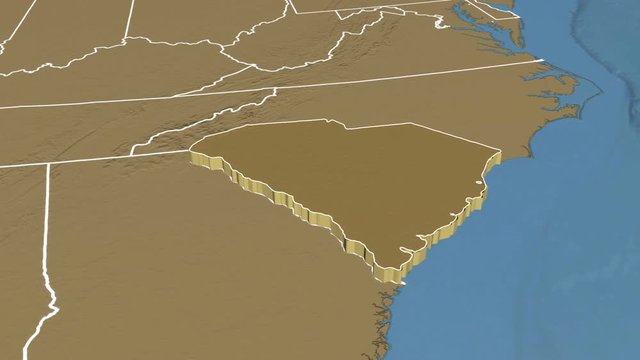 South Carolina state (USA) extruded on the elevation map of North America