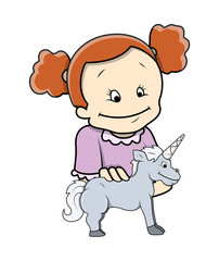 Happy Cartoon Girl Playing with Unicorn Toy
