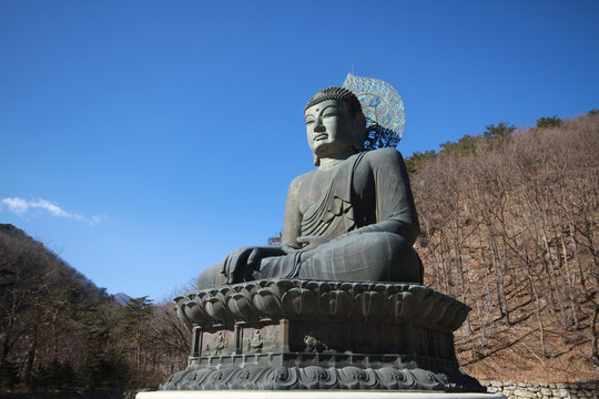 A ancient metal carving of sitting peace buddha in front of tree mountain and painted with green color at large historical temple at south korea