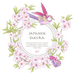 Illustrations with Japanese blossom pink sakura and birds with p