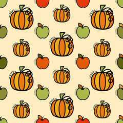 Vector seamless pattern with pumpkin and apples