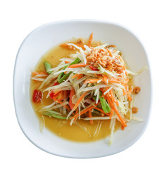 papaya salad with dired shrimp isolated on white background ,top view, Thai cuisine