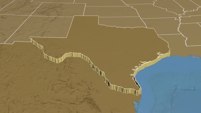 Texas State (USA) Extruded On The Elevation Map Of North America