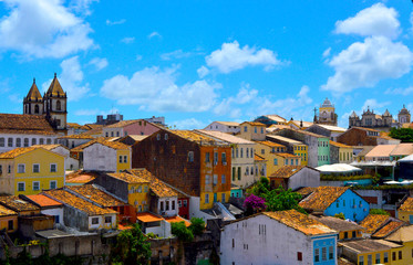 colorful bahia landscape with colonial buildings - obrazy, fototapety, plakaty