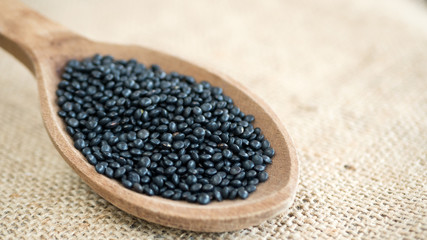 Beluga lentils in wooden spoon on burlap background. Black lentils