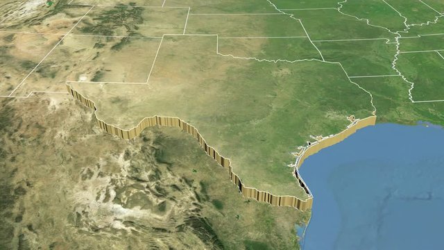 Texas state (USA) extruded on the satellite map of North America
