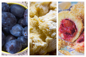 Step-by-step: plum dumplings collage - Fresh plums,eggs and flour, potato dough and finished plum dumplings as collage; Triptych kitchen decoration