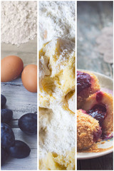 Step-by-step: plum dumplings collage - Fresh plums,eggs and flour, potato dough and finished plum...