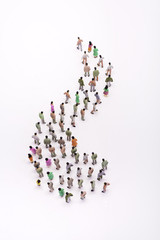 Line of miniature people view from above, over white background.