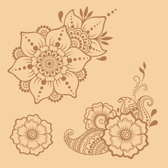 Henna tattoo flower template. Mehndi style. Set of ornamental patterns in the oriental style.