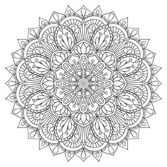 Oriental decorative element for adult coloring book. Ethnic ornament. Monochrome contour mandala, Anti-stress therapy pattern. Yoga symbol.