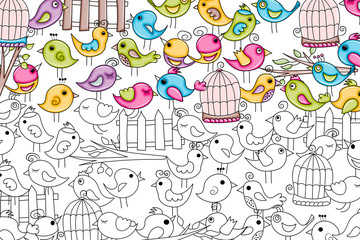 Birds summer or spring concept. Cartoon doodles background design. Hand drawn black and white outline coloring page vector illustration.