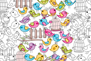 Birds summer or spring concept. Cartoon doodles background design. Hand drawn black and white outline coloring page vector illustration.