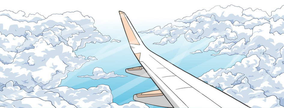 Illustration of aerial view from airplane with wing and clouds in color