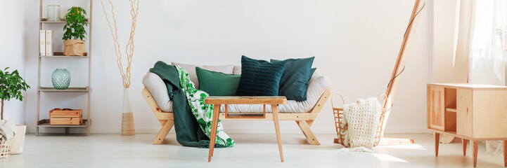 Sofa with greenish pillows
