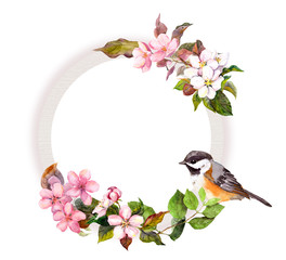 Floral wreath - flowers and bird. Watercolor round border