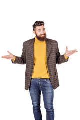 man welcoming his guests with wide open arms.  image on white background