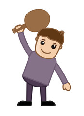 Funny Cartoon Man Holding Tennis Racket
