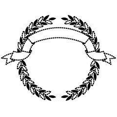 black silhouette dotted olive branches forming a circle with ribbon on top vector illustration