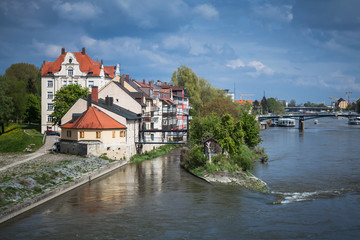 Fototapeta na wymiar Regensburg in bright summer day, Danube River