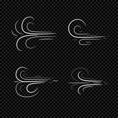 Set of Wind Isolated on Dark Background. Vector Different White Wind Icons in Flat Style. Vector Illustration.